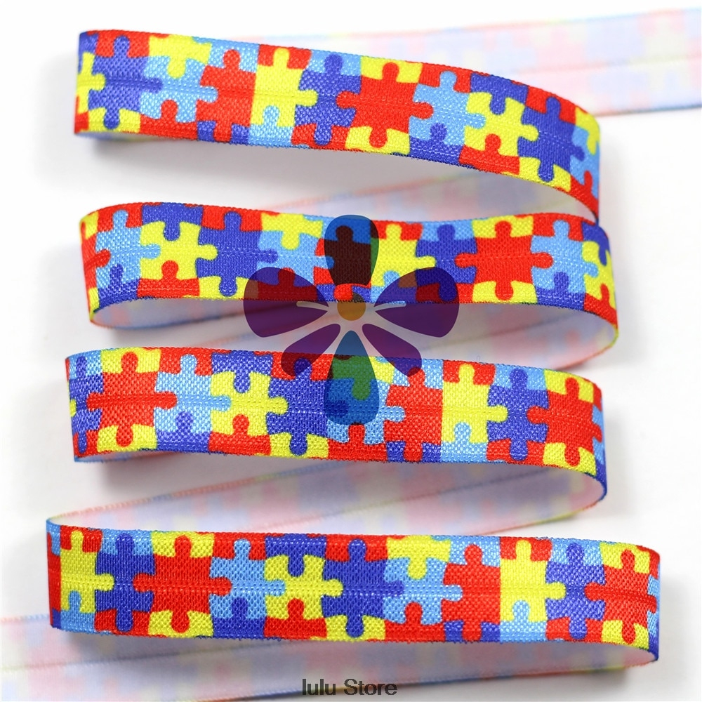 10 Yards 5/8&amp;quot;16 Mm Autism Awareness Puzzle Printed Elastic Ribbon - Puzzle Print Ribbon