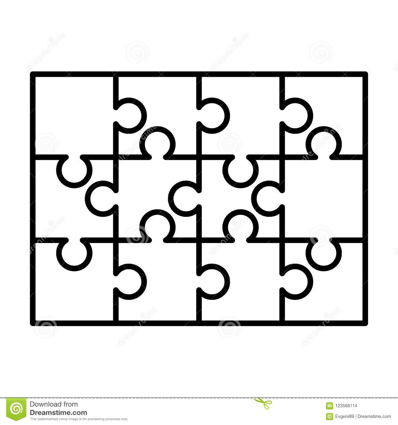 12 White Puzzles Pieces Arranged In A Rectangle Shape. Jigsaw Puzzle - Print Jigsaw Puzzle