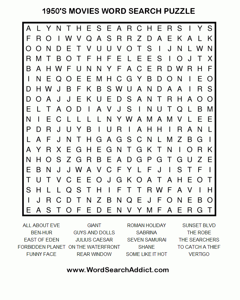 1950&amp;#039;s Movies Word Search Puzzle | Coloring &amp;amp; Challenges For Adults - 1950S Crossword Puzzle Printable