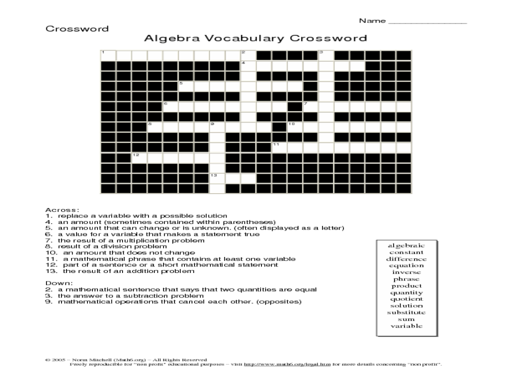 Printable Math Crossword Puzzles | Printable Crossword Puzzles