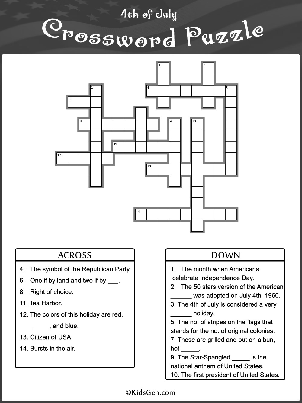 4Th Of July Black &amp;amp; White Crossword Template - Printable Fourth Of July Crossword Puzzles