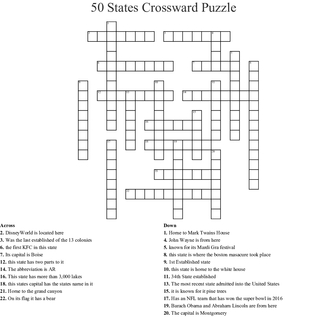 Printable United States Crossword Puzzle Printable Crossword Puzzles