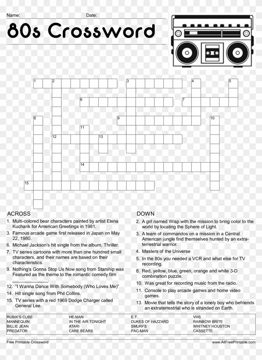 80&amp;#039;s Crossword Puzzle - Crossword Puzzle Free Printable, Hd Png - Printable Automotive Crossword Puzzles