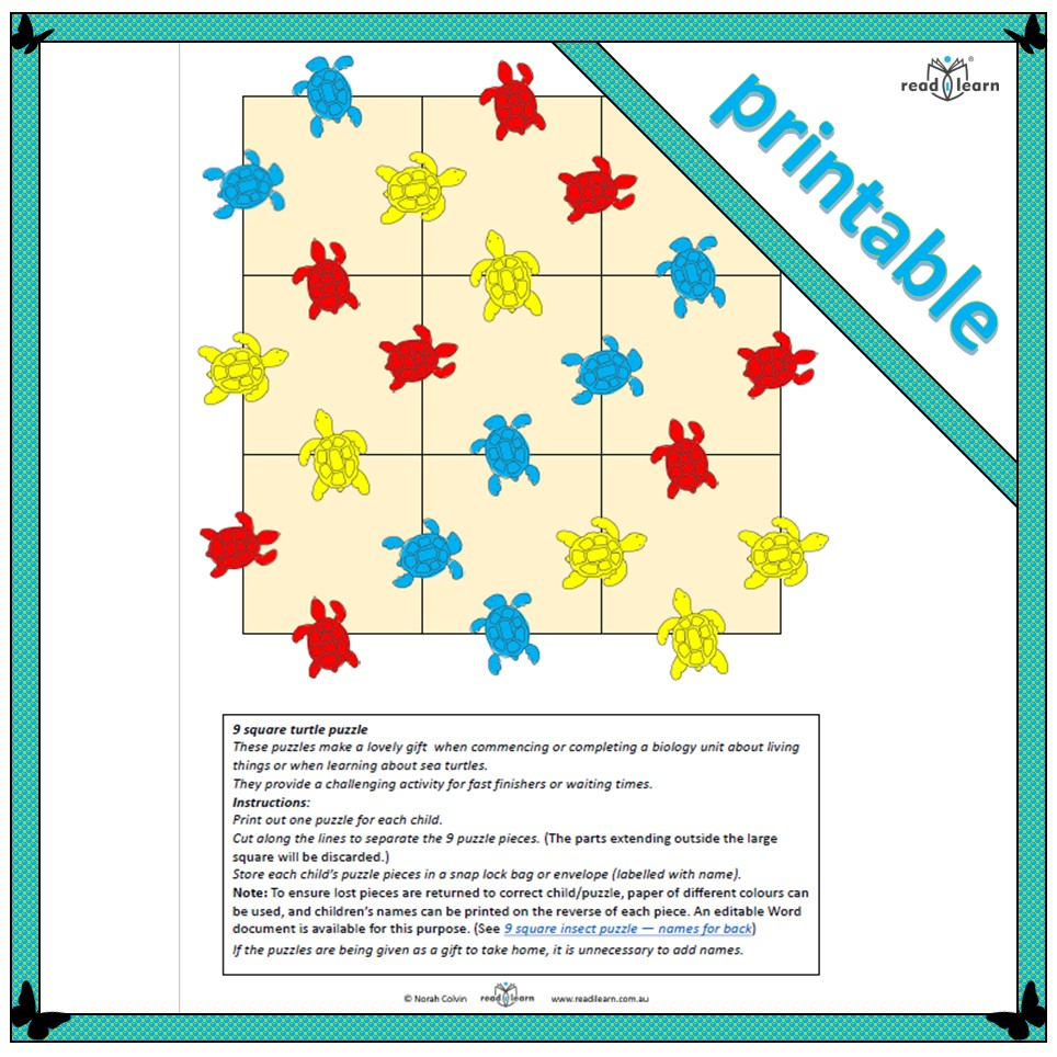 9 Square Turtle Puzzle - Readilearn - Printable Square Puzzle