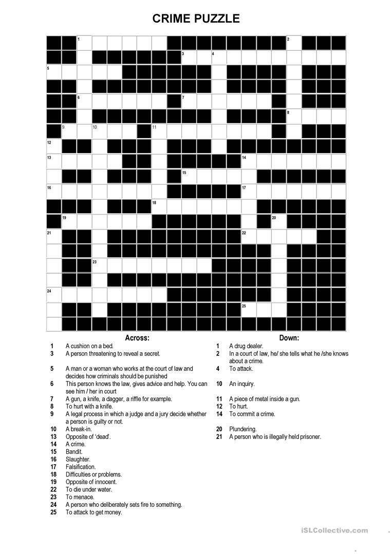 A Crossword Puzzle On Crime Worksheet - Free Esl Printable - Printable Intermediate Crossword Puzzles