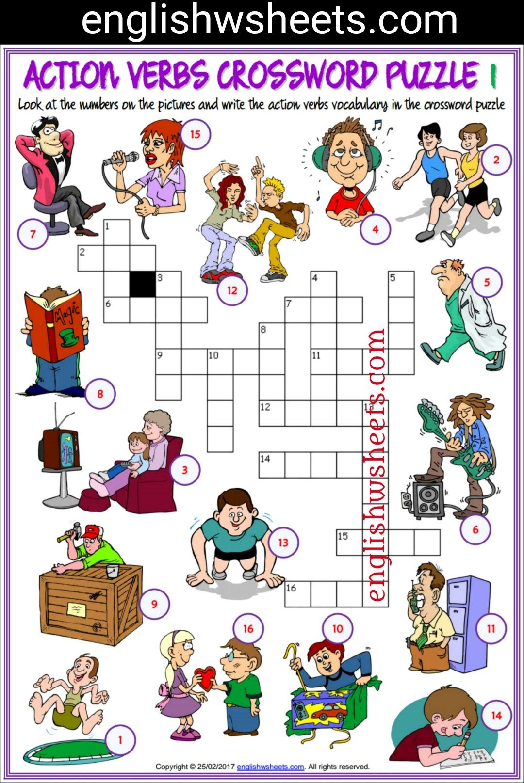 Action Verbs Esl Printable Crossword Puzzle Worksheets For Kids - Crossword Puzzle Verbs Printable