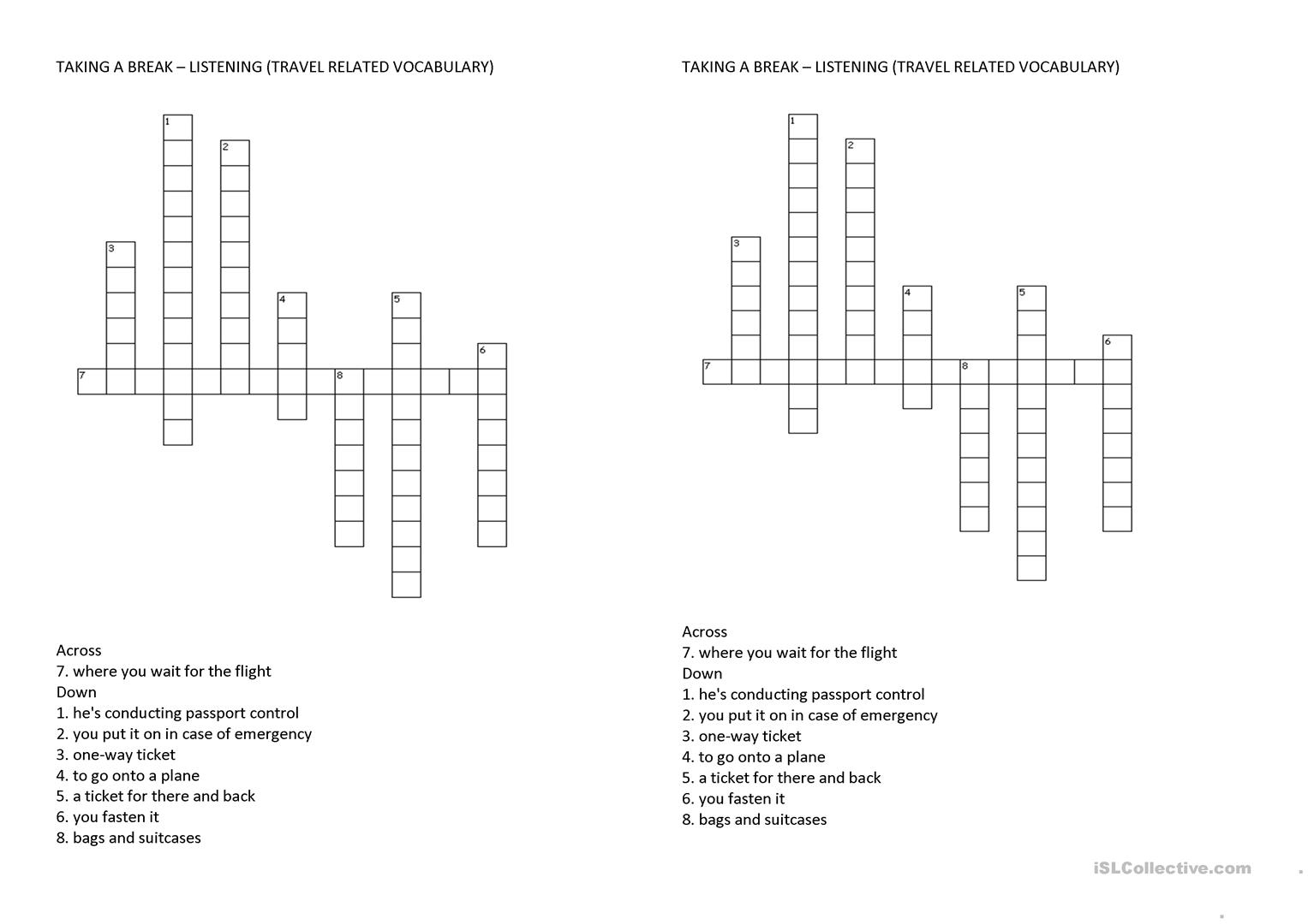 Air Travel Vocabulary Crossword Puzzle Worksheet - Free Esl - Printable Crossword Puzzles Travel