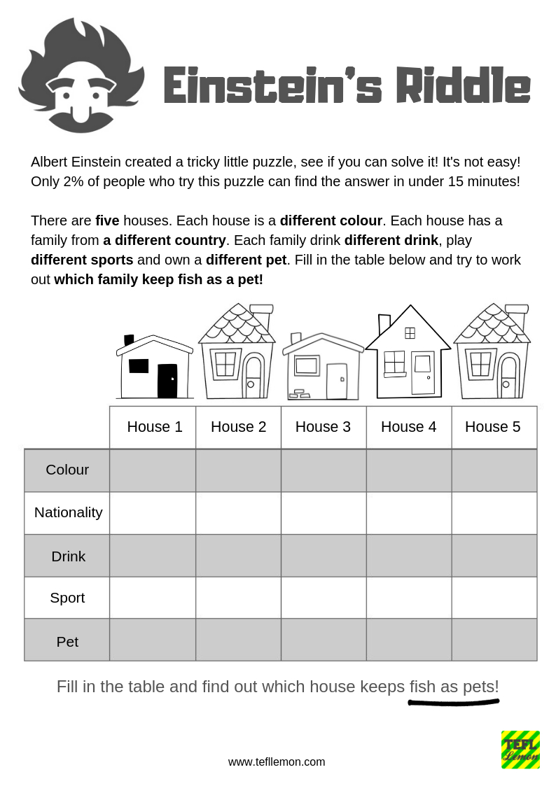 Albert Einstein&amp;#039;s Riddle Has Been Turned Into A Fun Esl Lesson For - Printable Einstein Puzzles