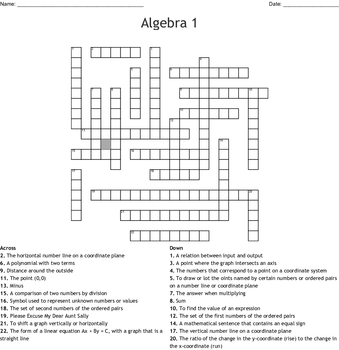 Algebra 1 Crossword - Wordmint - Algebra 1 Crossword Puzzles Printable