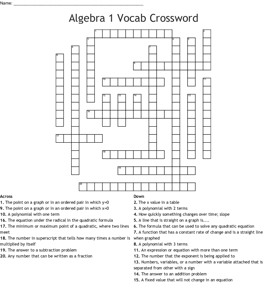 Algebra 1 Vocab Crossword - Wordmint - Algebra 1 Crossword Puzzles Printable