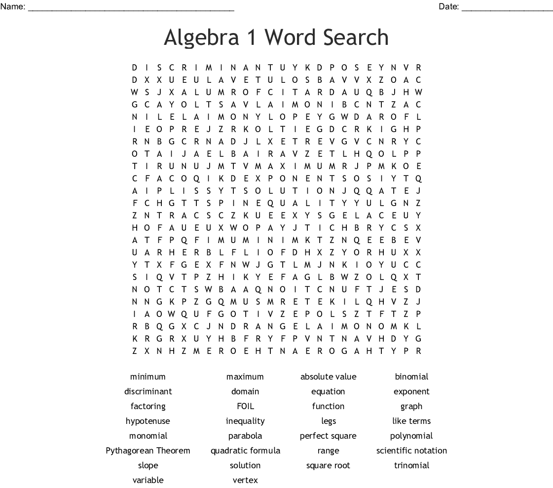 Algebra 1 Word Search - Wordmint - Algebra 1 Crossword Puzzles Printable