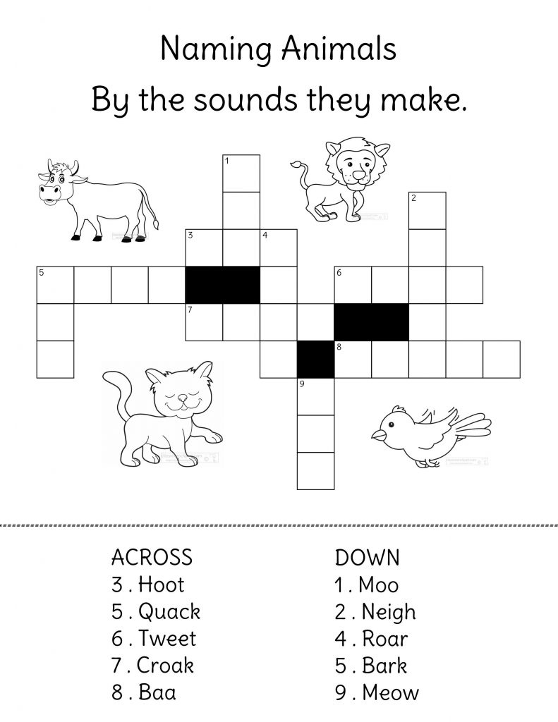 Animals And Their Sounds Crossword Puzzle. - Crossword Puzzles For Kids - Printable Crossword Puzzles About Animals