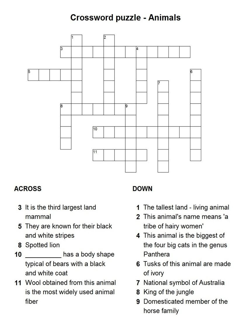 Animals Puzzle - Printable Crossword Puzzles About Animals