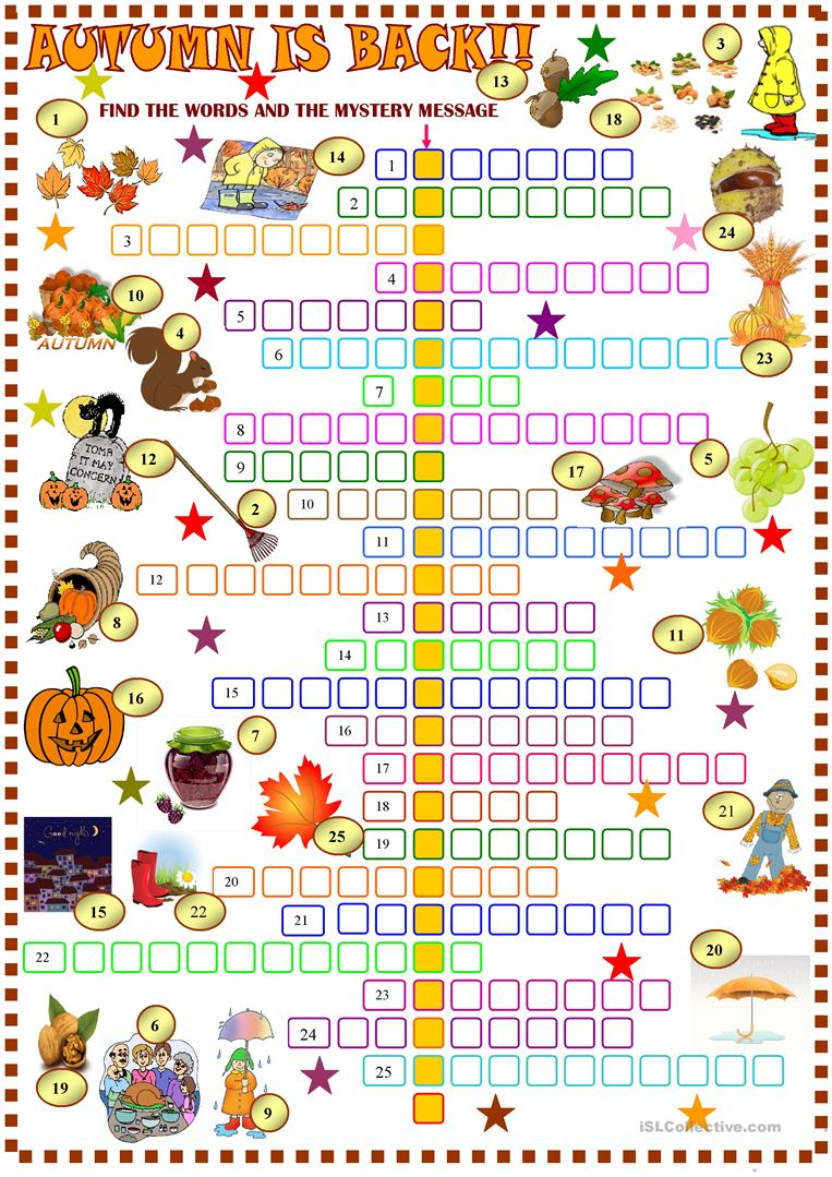 Autumn : Crossword Puzzle With Key Worksheet - Free Esl Printable - Printable Autumn Puzzles