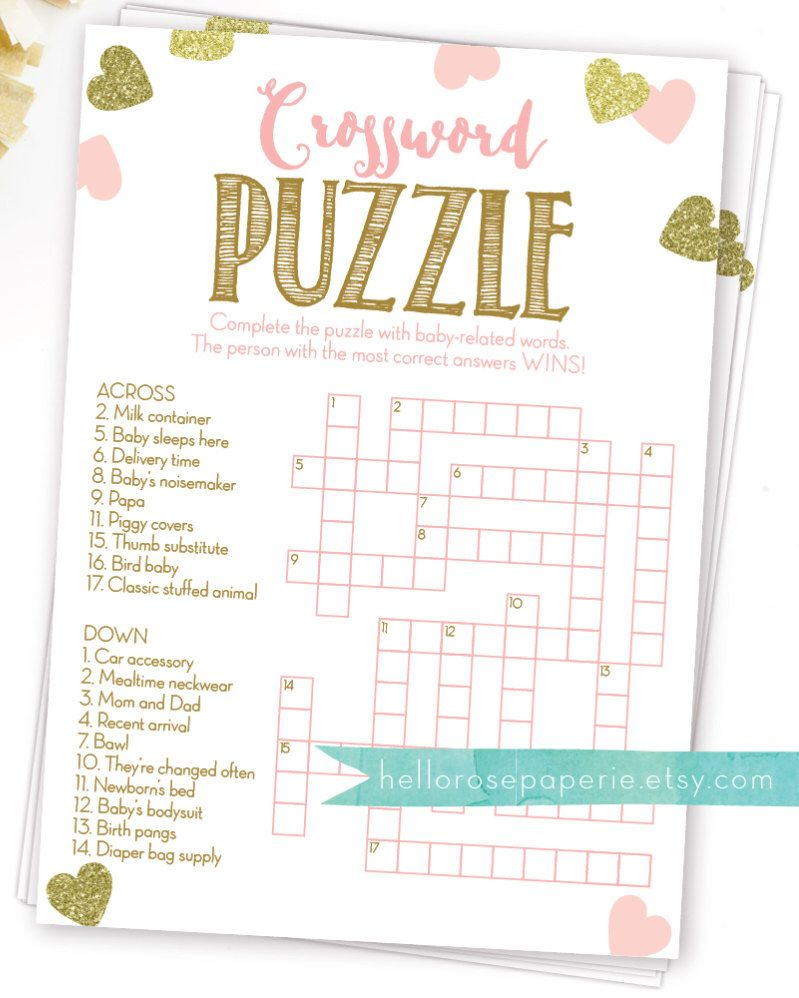 Baby Shower Crossword Puzzle Game . Pink And Gold Girl Baby Shower - Free Printable Baby Shower Crossword Puzzle