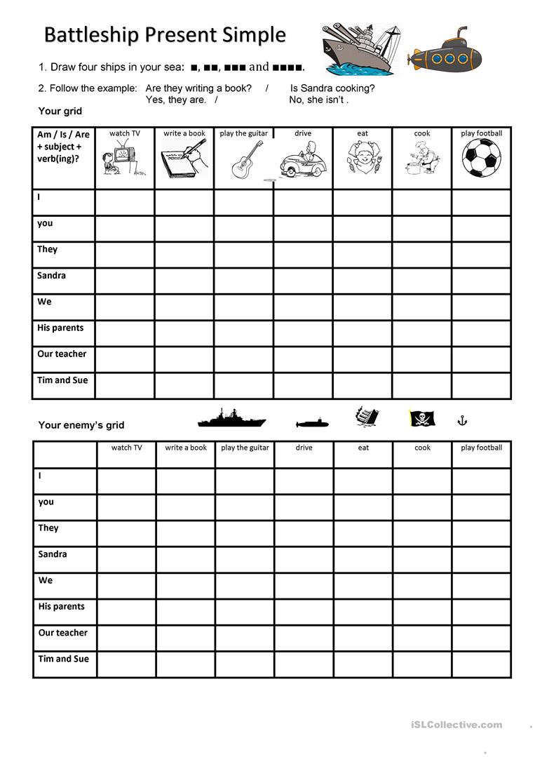 Battleship- Present Continuous Worksheet - Free Esl Printable - Printable Battleships Puzzle