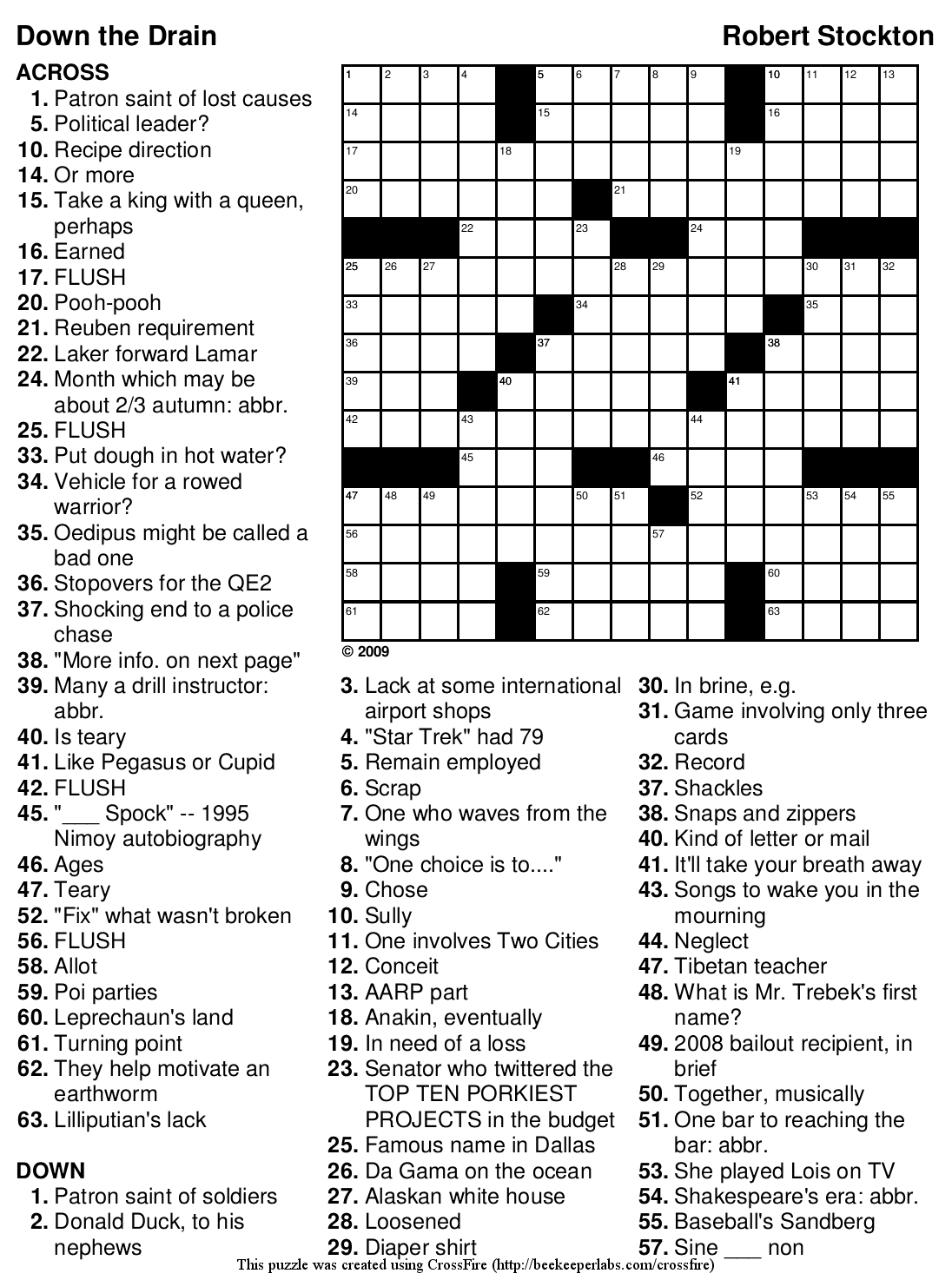 Beekeeper Crosswords » Blog Archive » Crossword #98: “Down The Drain” - Printable Crossword Puzzle Solutions