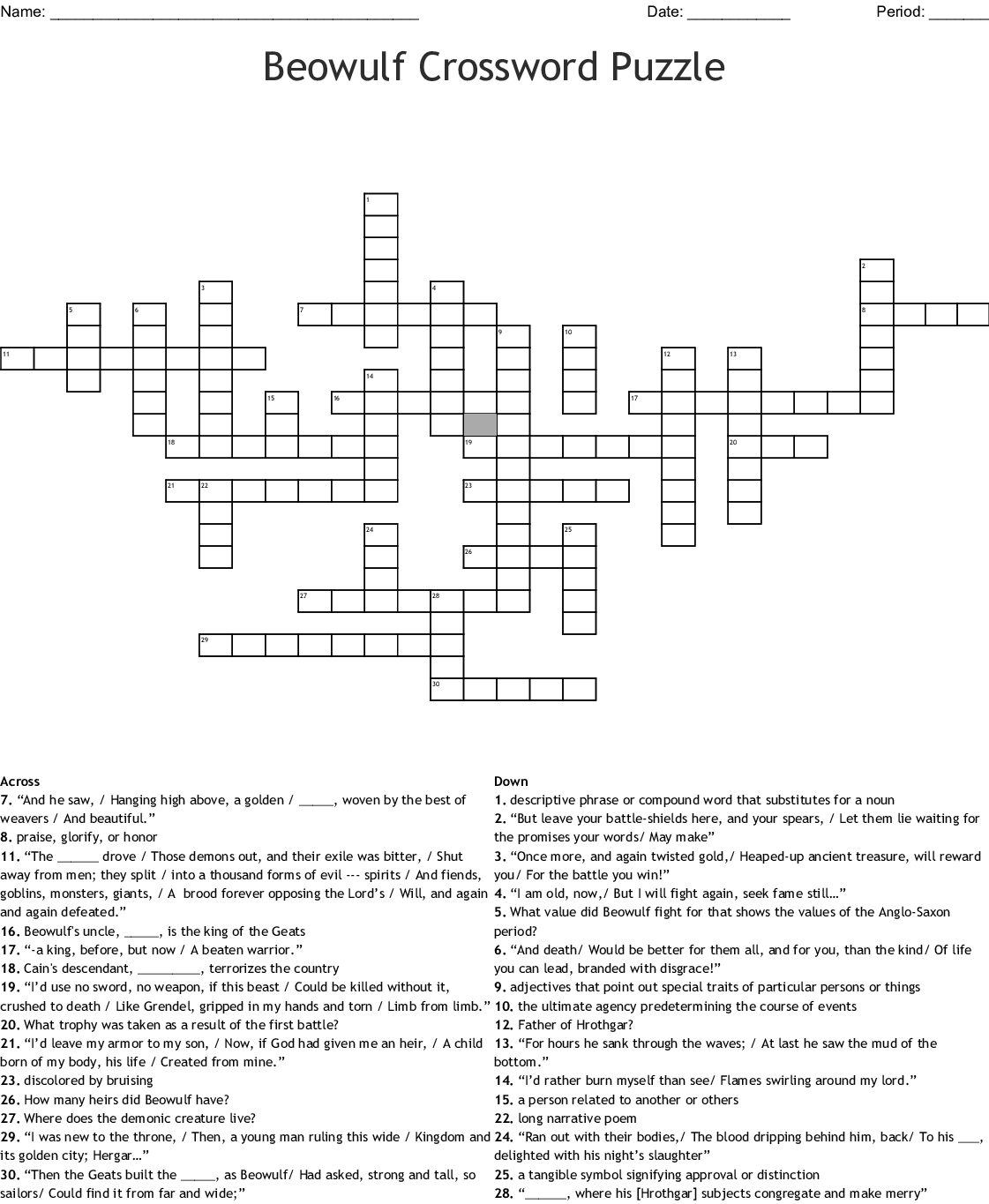 Beowulf Crossword Puzzle Crossword - Wordmint - Printable Beowulf Crossword Puzzle