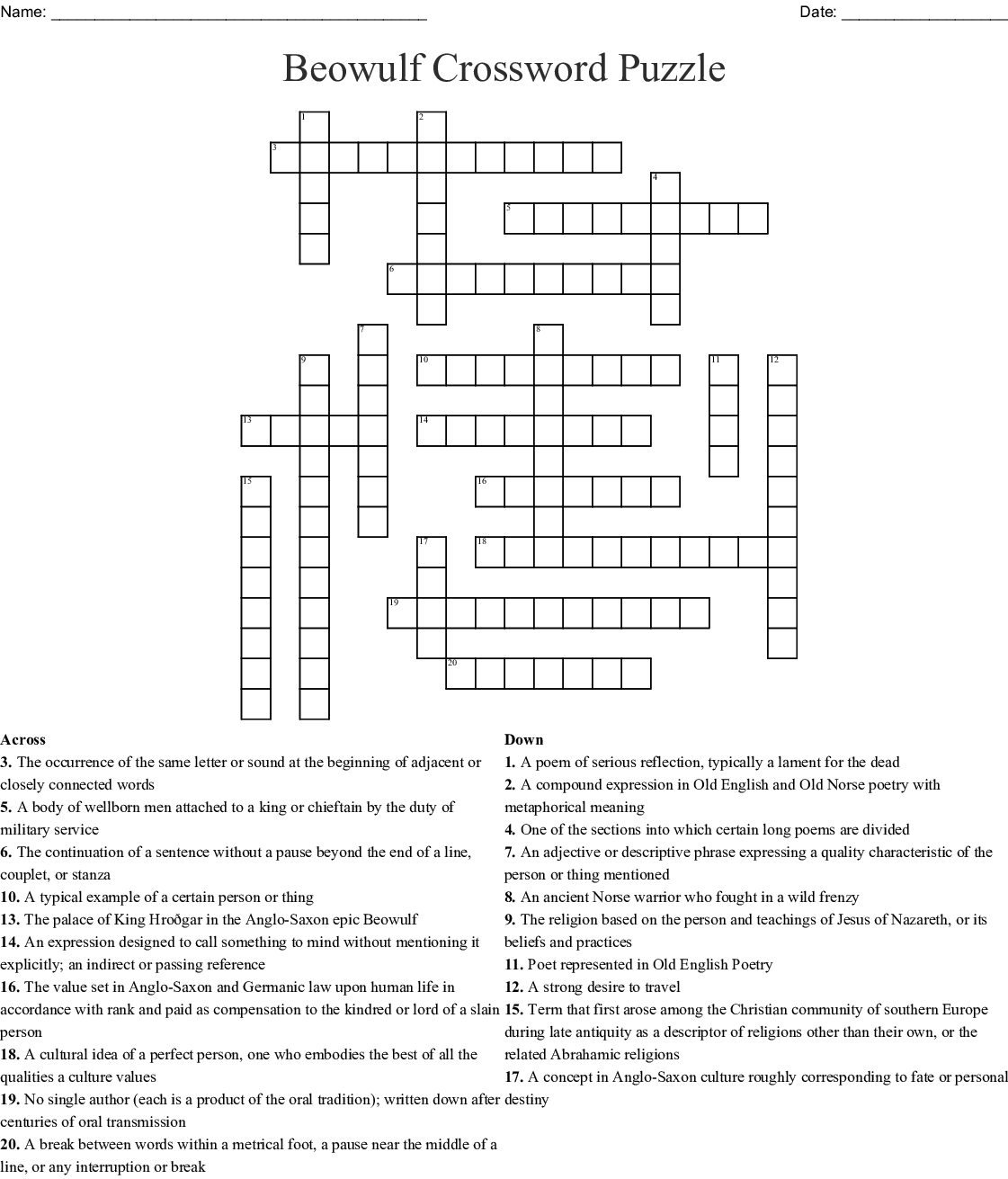 Beowulf Crossword Puzzle Crossword - Wordmint - Printable Beowulf Crossword Puzzle