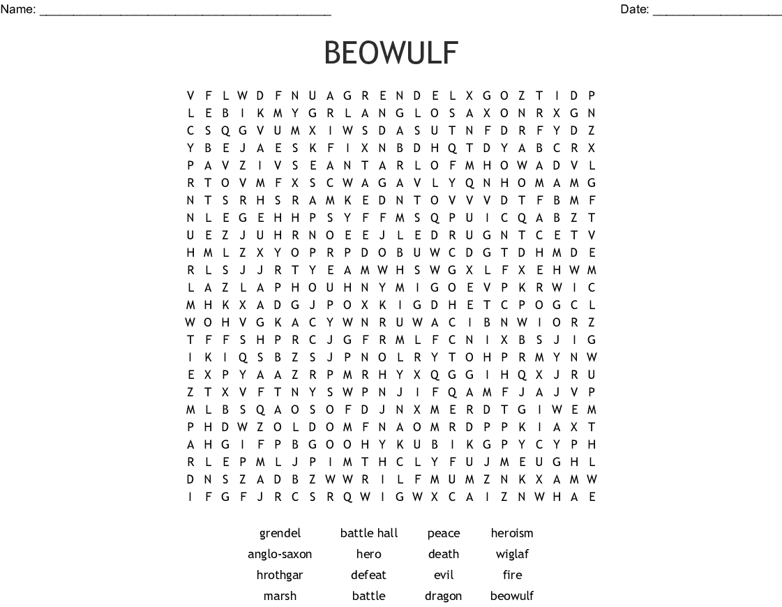 Beowulf Word Search - Wordmint - Printable Beowulf Crossword Puzzle