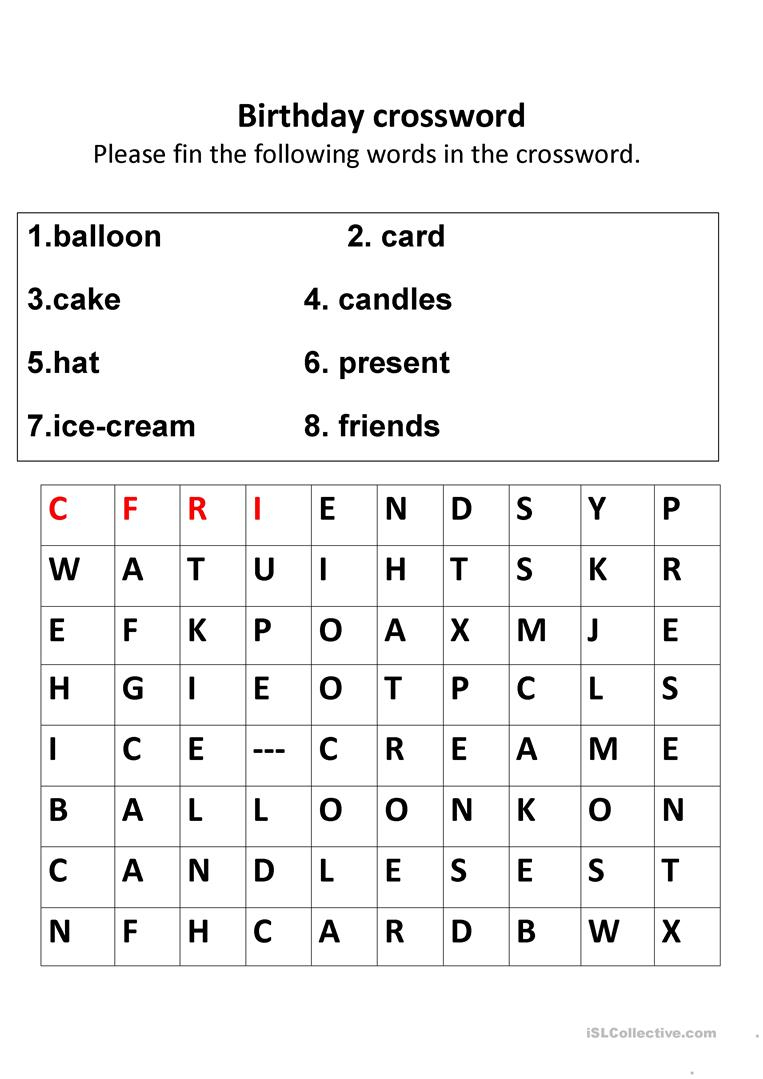 Birthday Crosswords Worksheet - Free Esl Printable Worksheets Made - Birthday Crossword Puzzle Printable