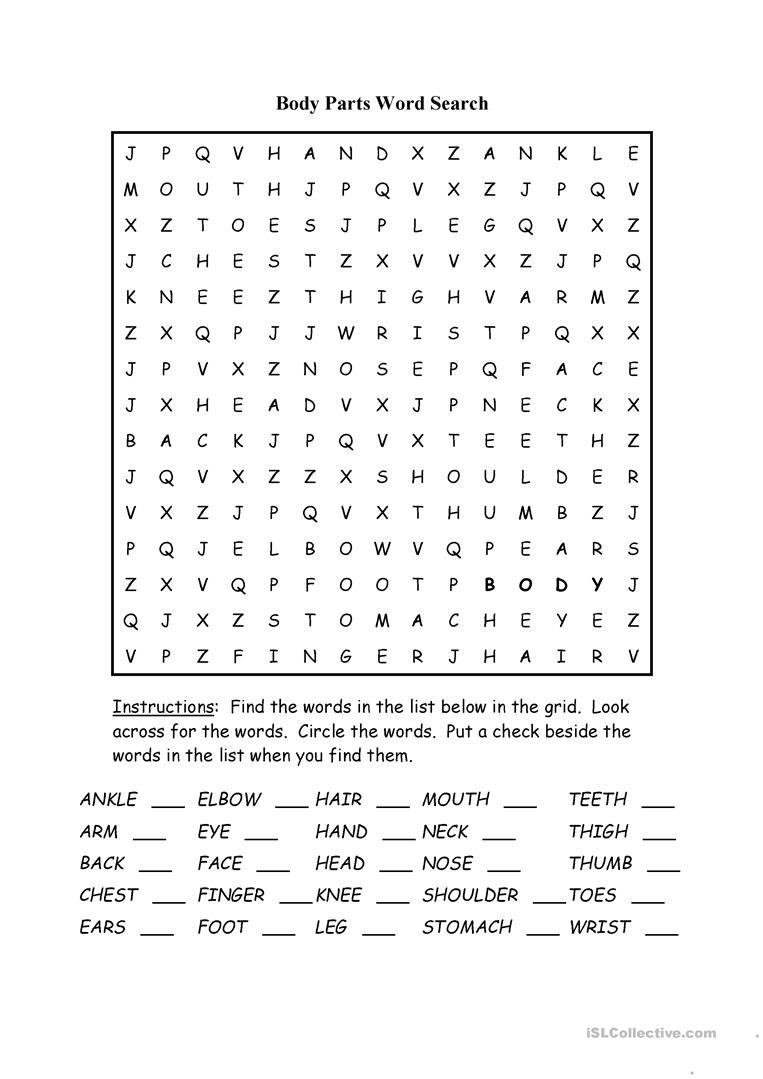 Body Parts Word Search Puzzle Worksheet - Free Esl Printable - Printable Puzzle Words
