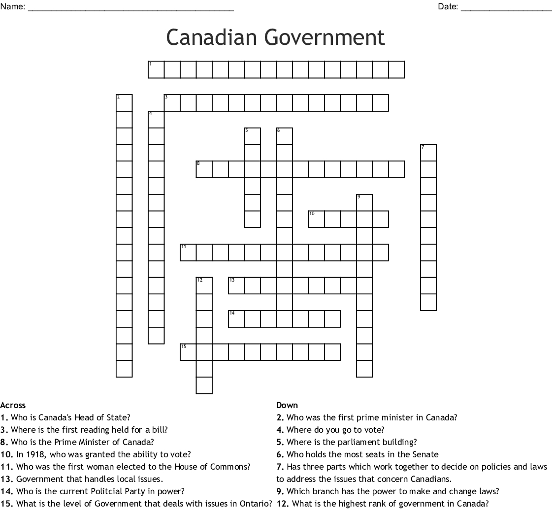 Canadian Government Crossword - Wordmint - Printable Canadian Crossword