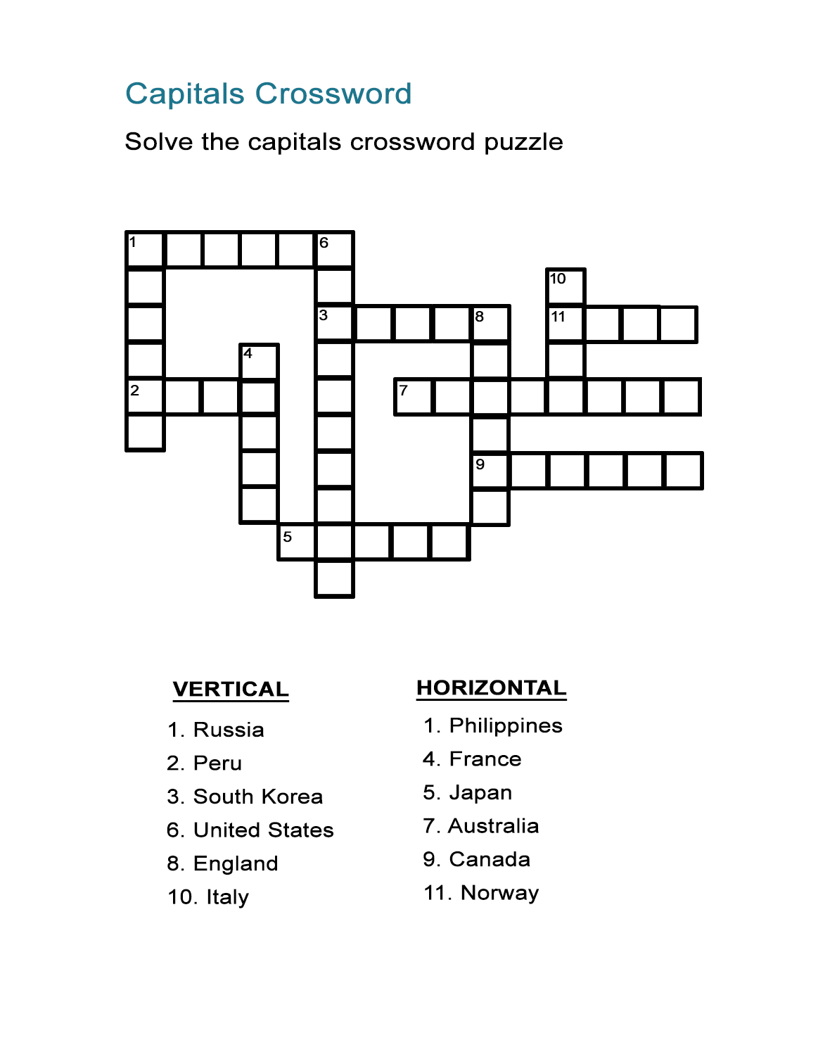 Capital Cities Quiz: Fill In The Country&amp;#039;s Capital In The Crossword - Free Printable Italian Crossword Puzzles
