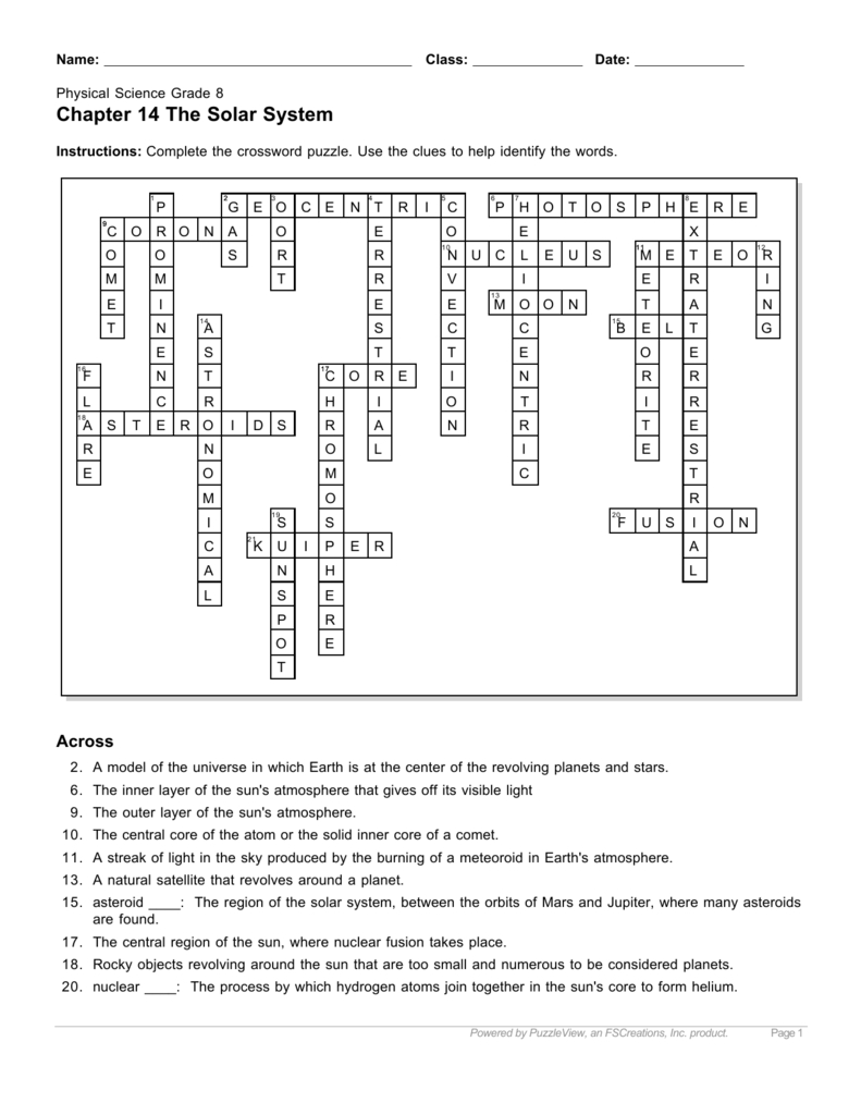 Chapter 14 The Solar System - Solar System Crossword Puzzle Printable