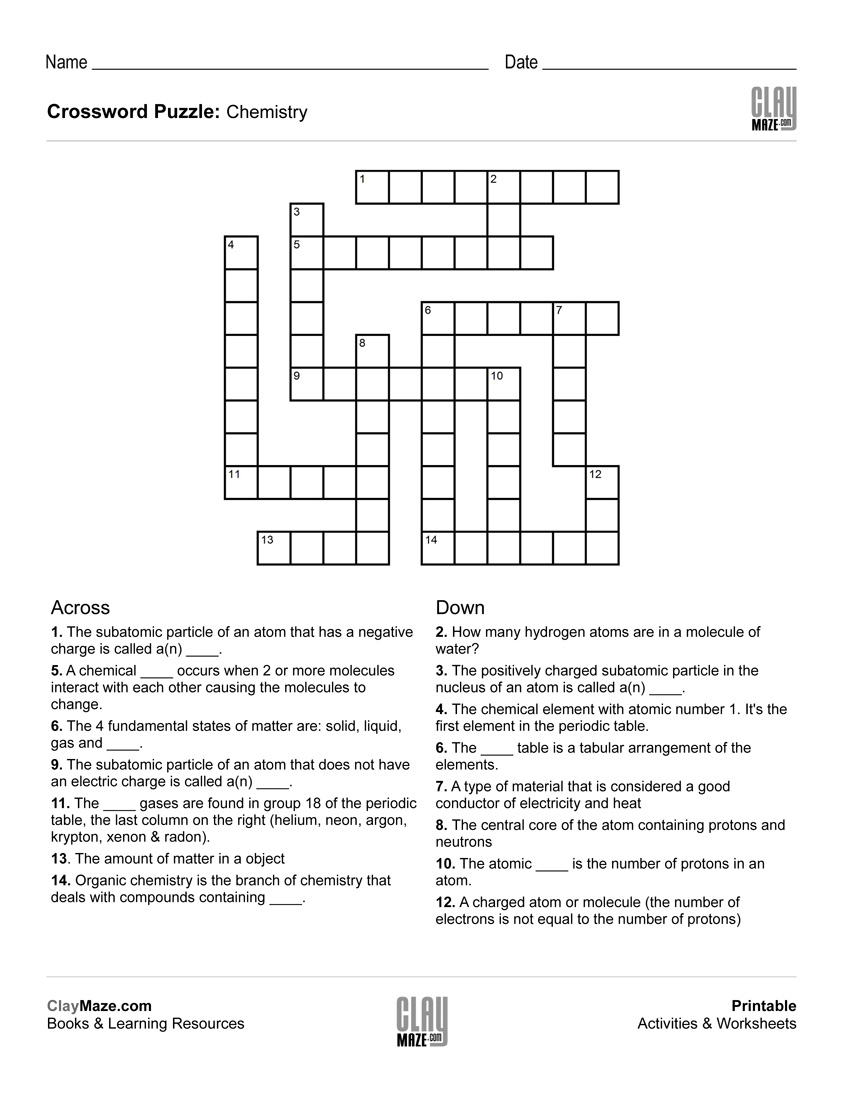 Chemistry Themed Crossword Puzzle | Free Printable Children&amp;#039;s - Free - Crossword Puzzles For Kindergarten Free Printable