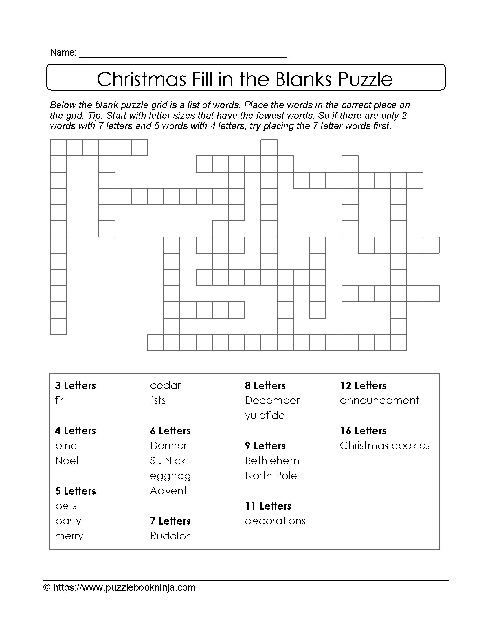 Christmas Printable Puzzle. Free Fill In The Blanks. | Christmas - Blank Crossword Puzzle Printable