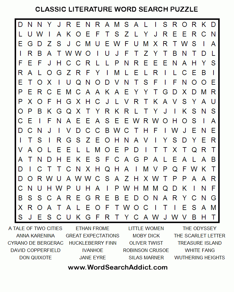 Classic Literature Printable Word Search Puzzle - Printable Puzzle Words