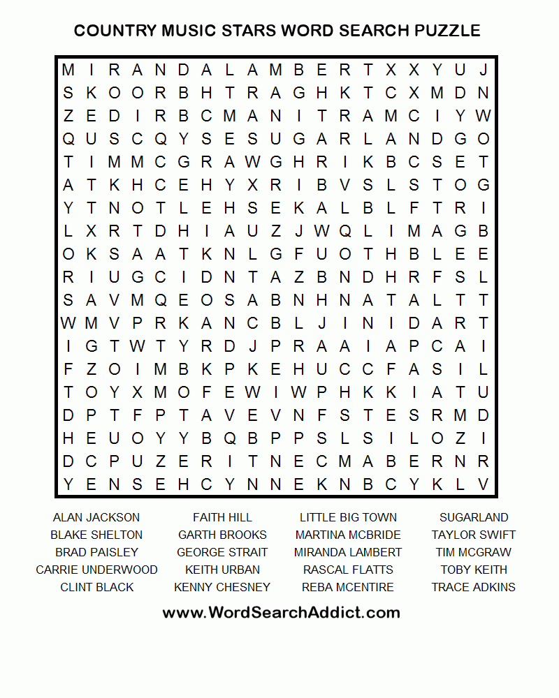 Country Music Stars Printable Word Search Puzzle - Printable Crossword Puzzles About Music