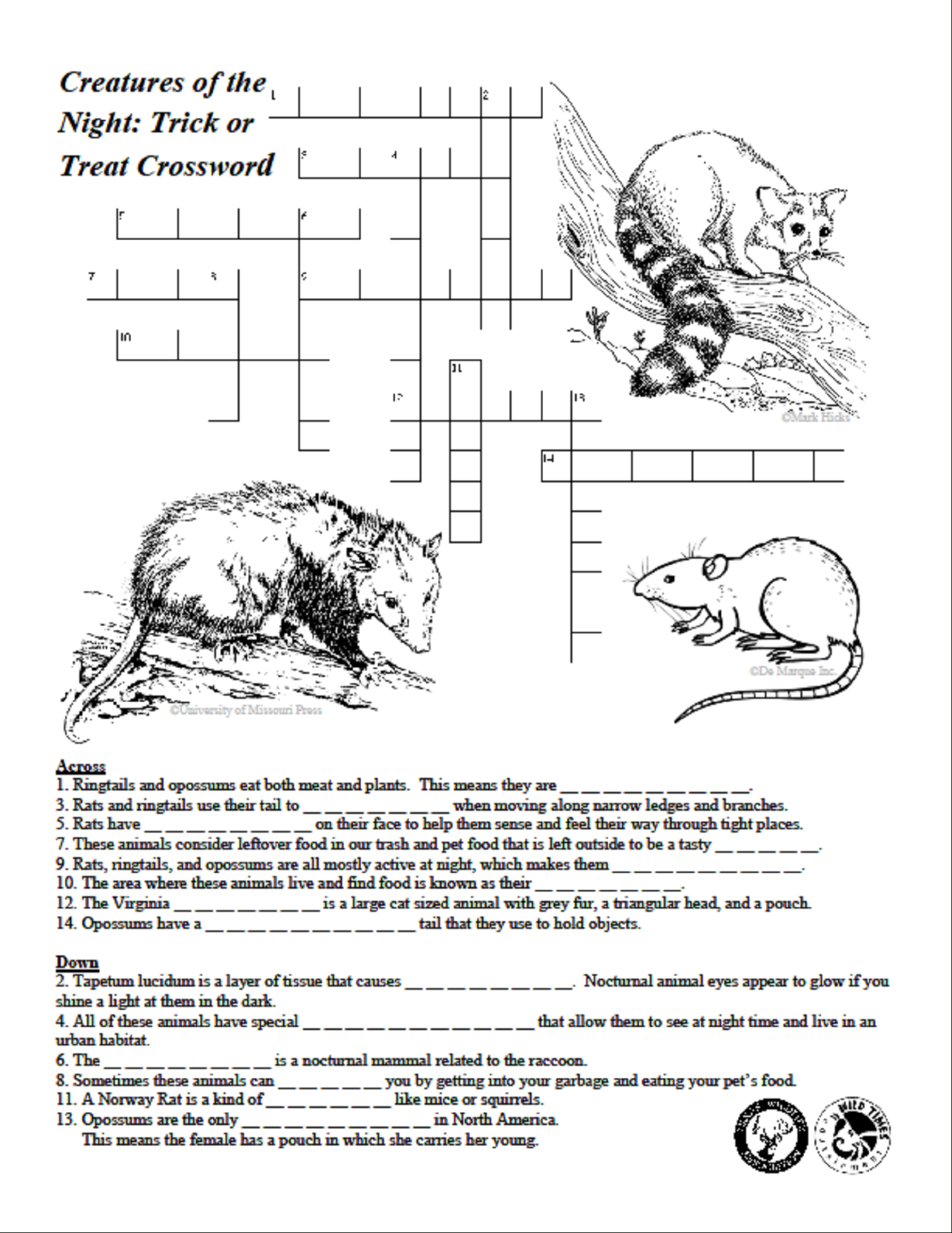 Creatures Of The Night Crossword Puzzle - Texas Wildlife Association - Wildlife Crossword Puzzle Printable