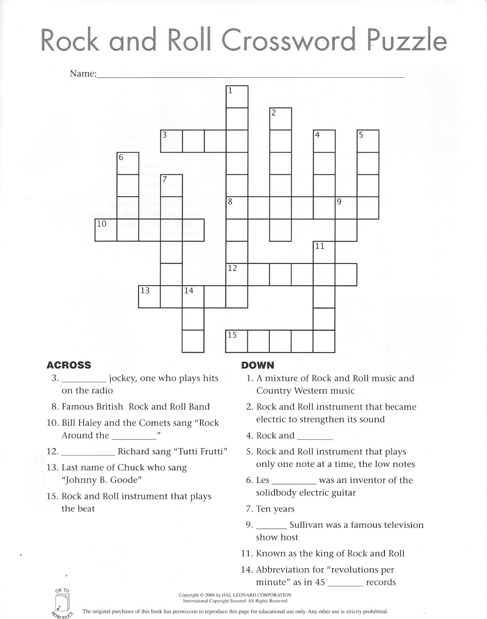 Creekside Forest Elementary - Printable Rock And Roll Crossword Puzzles