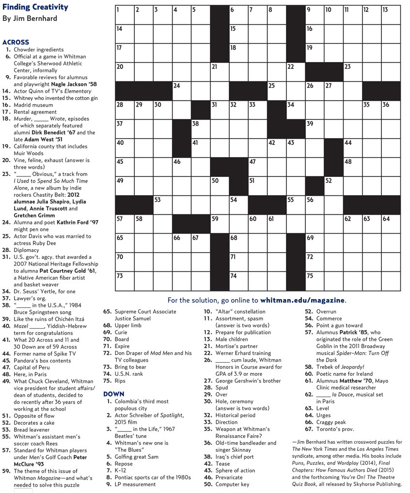 Crossword Puzzle | Whitman College - College Crossword Puzzle Printable