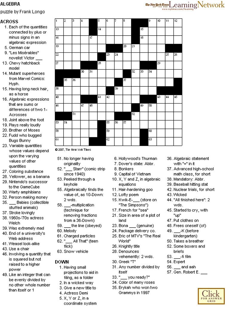 Crosswords: Algebra - Algebra Crossword Puzzle Printable