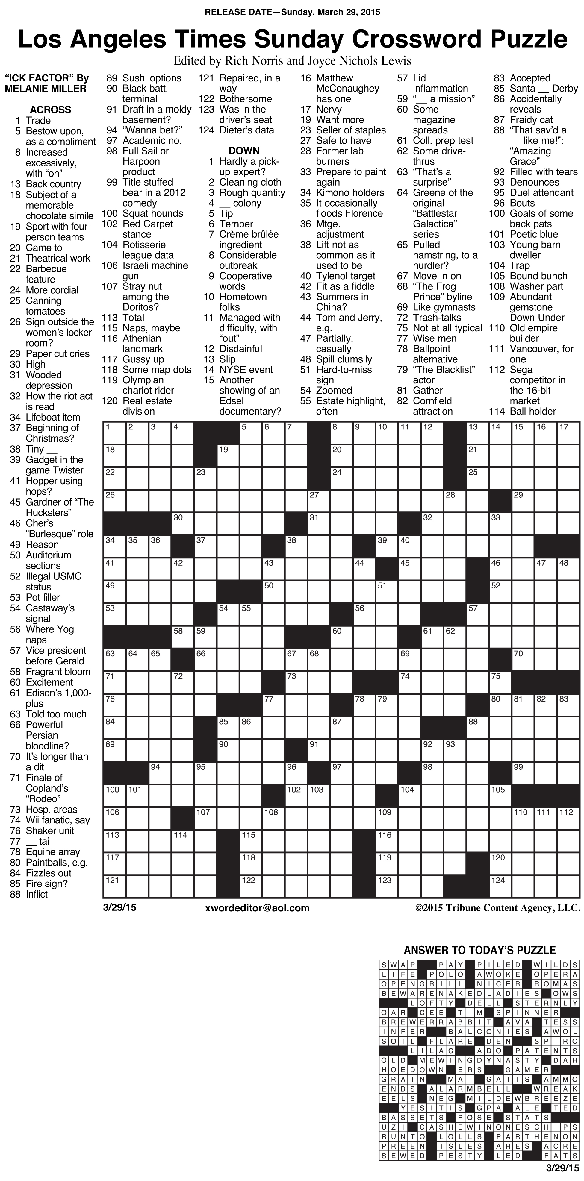 New York Times Sunday Crossword Printable Rtrsonline La Times Free 