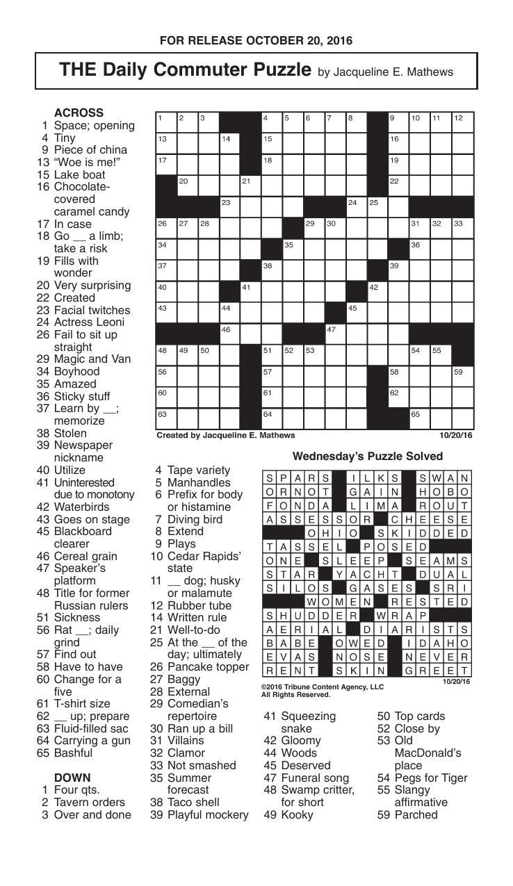 Crosswords, October 20, 2016 | Crosswords | Redandblack - Printable Commuter Crossword Puzzles