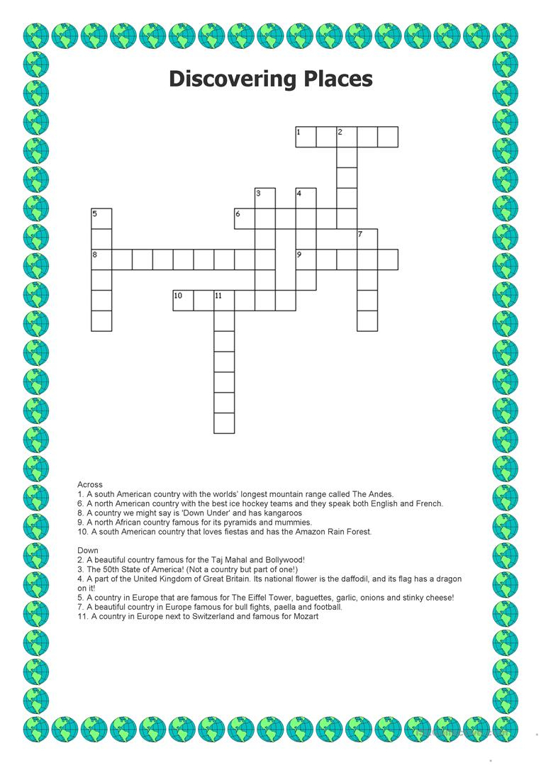 Discovering Places - Crossword Worksheet - Free Esl Printable - Printable Hockey Crossword