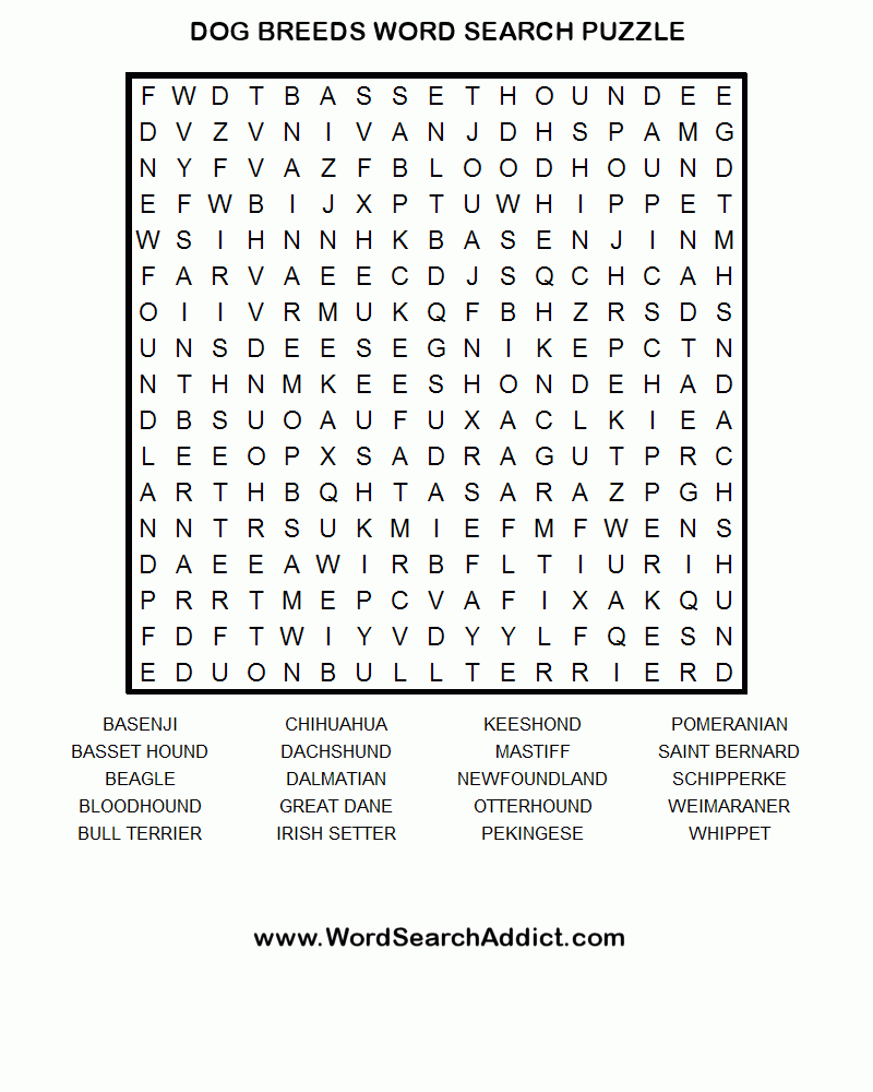 Dog Breeds Printable Word Search Puzzle - Dog Crossword Puzzle Printable
