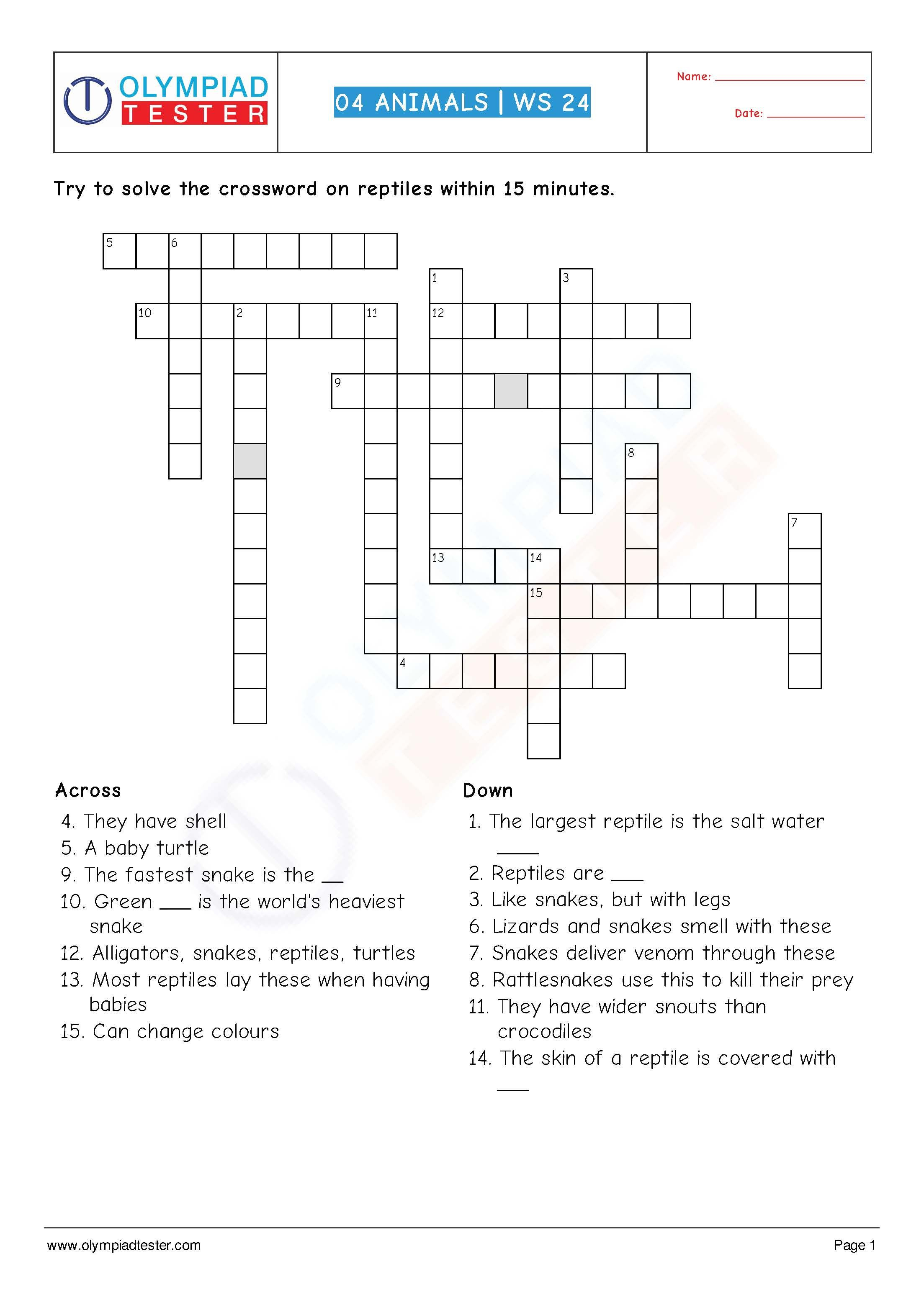 Download Grade 4 Science Pdf Worksheet (Crossword) On Animals - Printable Science Crossword Puzzles