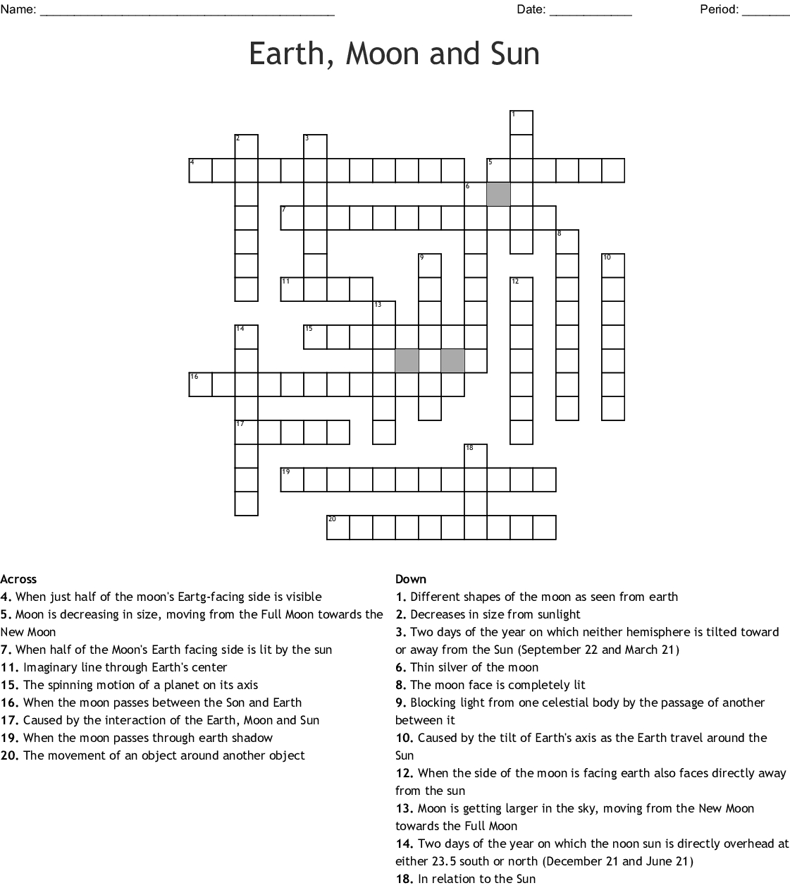 Earth, Moon And Sun Crossword - Wordmint - Printable Sun Crossword