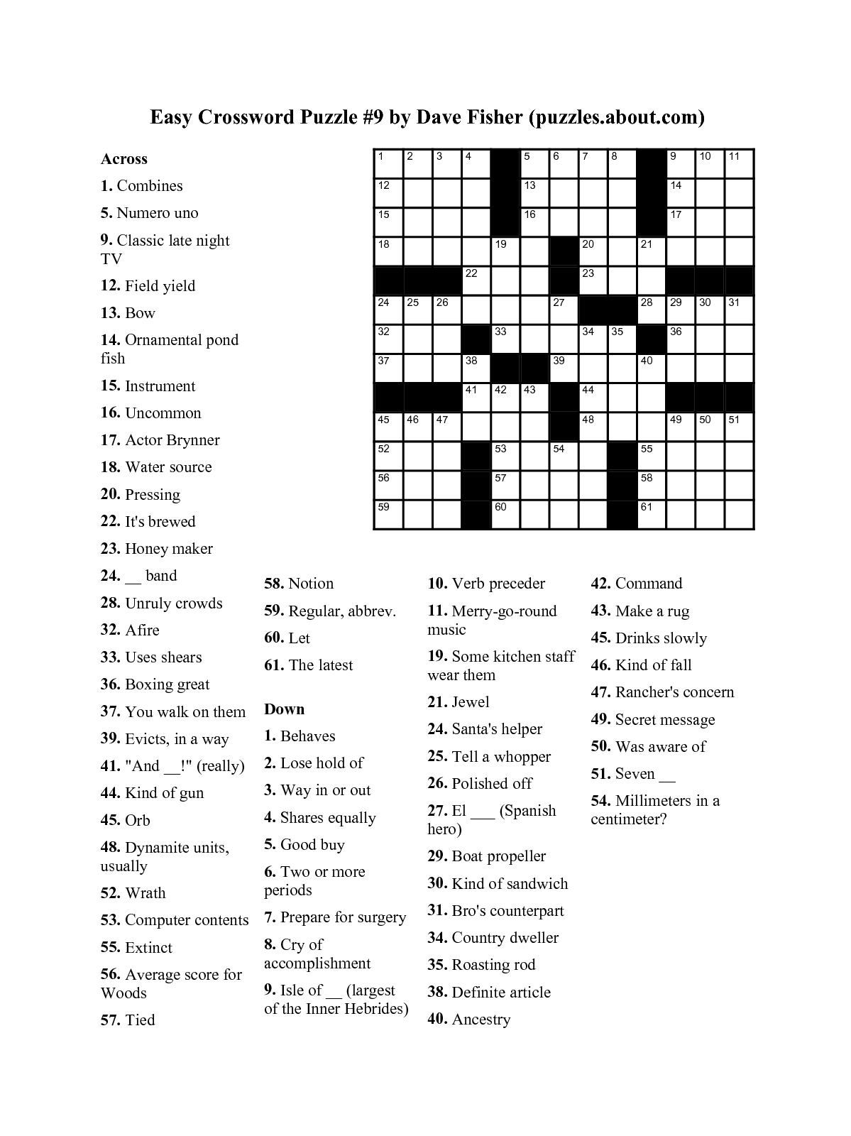 Free Crossword Printable Easy