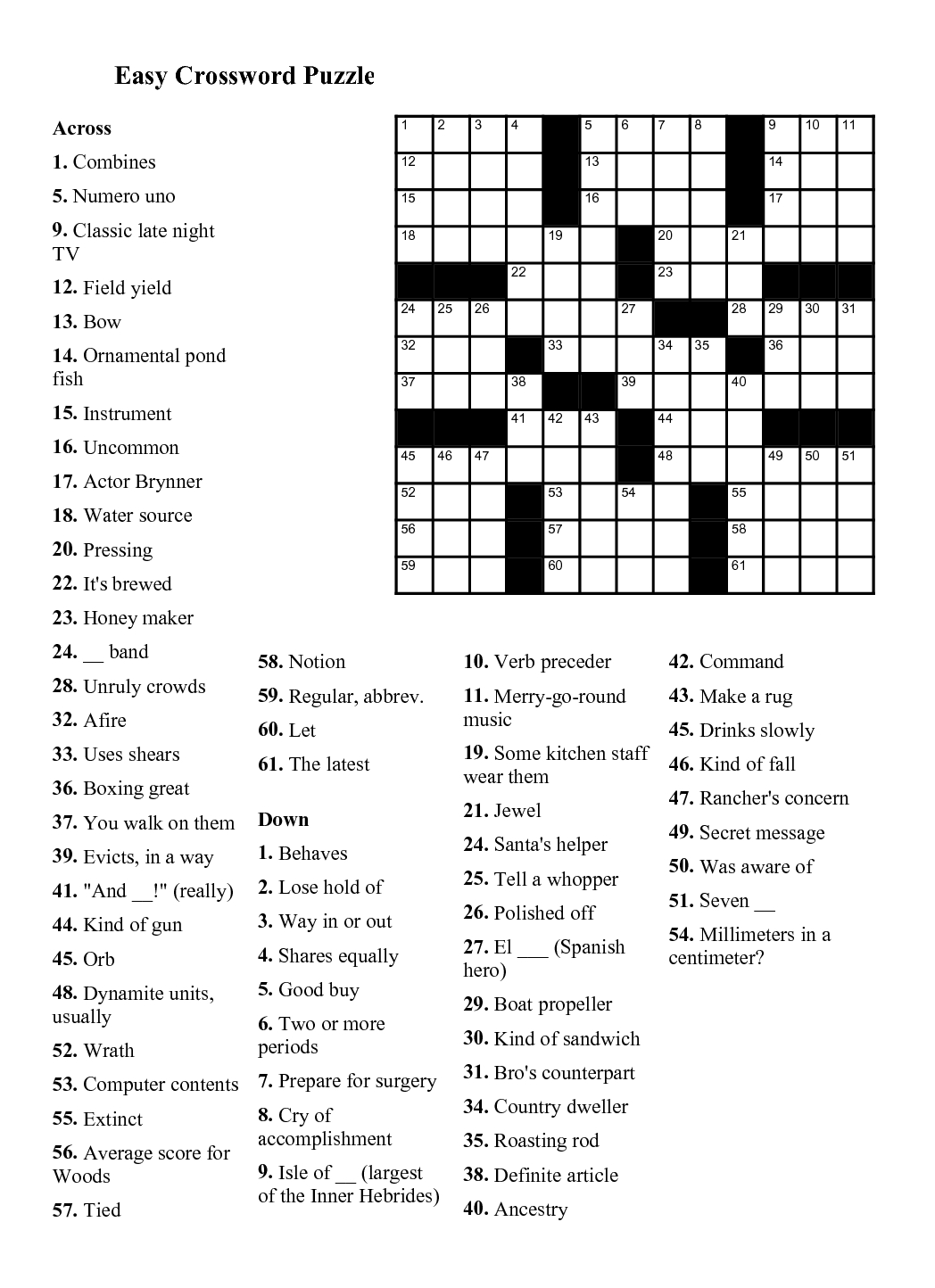Easy Crossword Puzzles Printable Daily Template - Printable Crossword Puzzles Easy