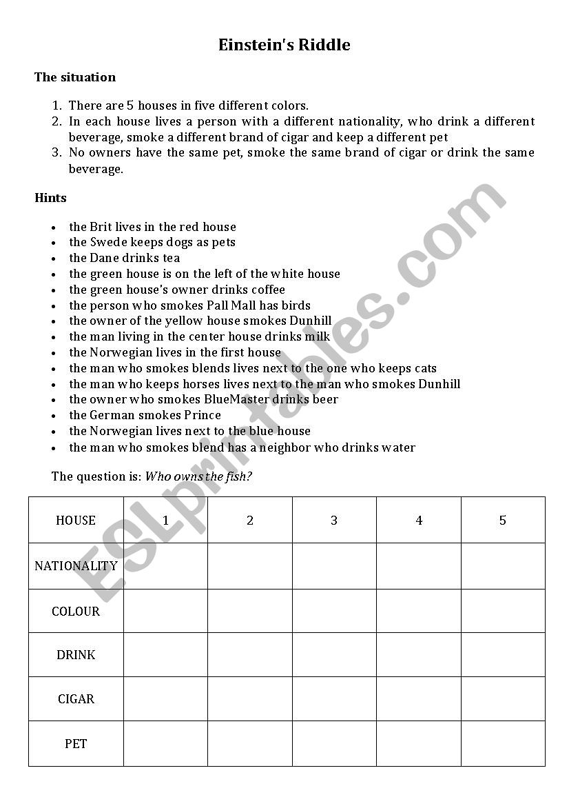 Einstein Riddle - Esl Worksheetmissduijvestijn - Printable Einstein Puzzles