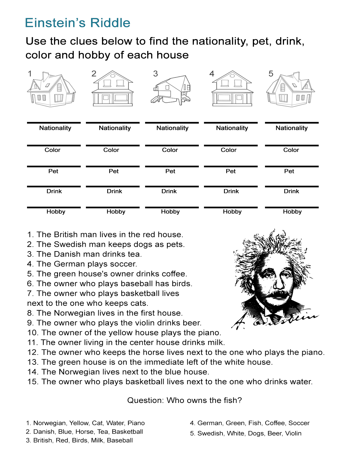 Einstein&amp;#039;s Riddle: Detective-Style Logic Activity - All Esl - Printable Einstein Puzzles