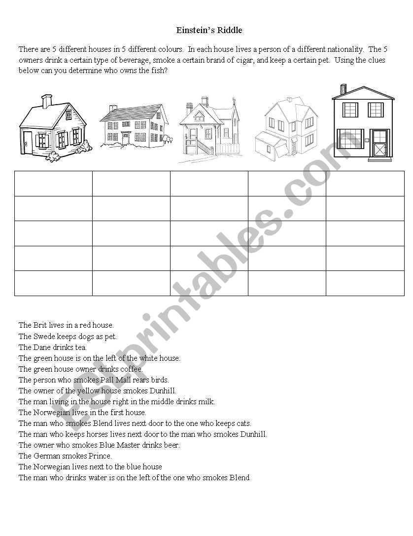 Einstein&amp;#039;s Riddle - Esl Worksheetbetty_2000000 - Printable Einstein Puzzles