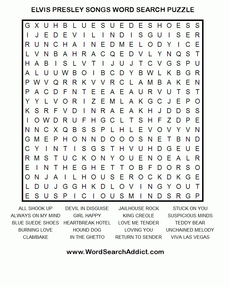 Elvis Songs Printable Word Search Puzzle - Printable X Word Puzzles