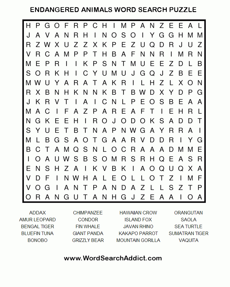 Endangered Animals Word Search Puzzle | Coloring &amp;amp; Challenges For - Printable Word Puzzle Games